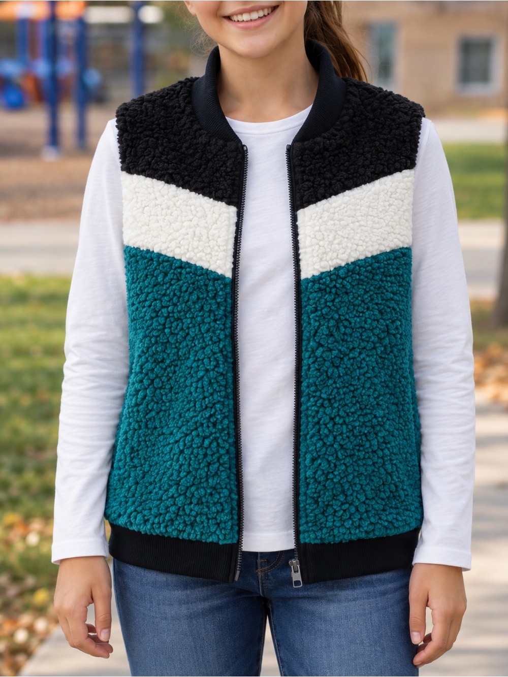 WONDER NATION Girls Sherpa Fleece Vest L 10 - 12 Colorblock Teal Green NWT